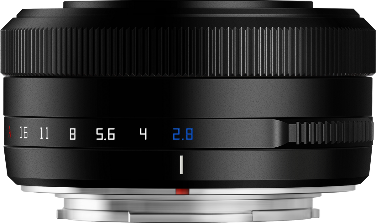 TTArtisan AF 27mm f/2.8 black pancake lens, side view with aperture scale