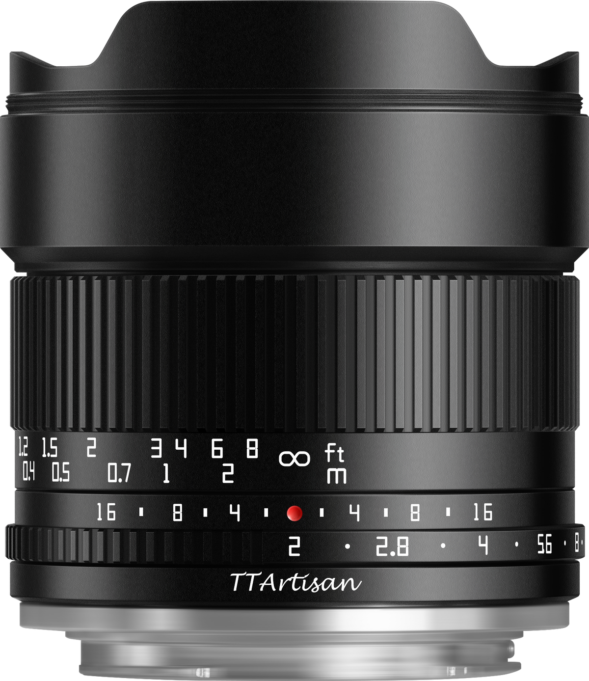 TTArtisan 10mm f/2 ultra-wide lens, side view with feet and metre scales