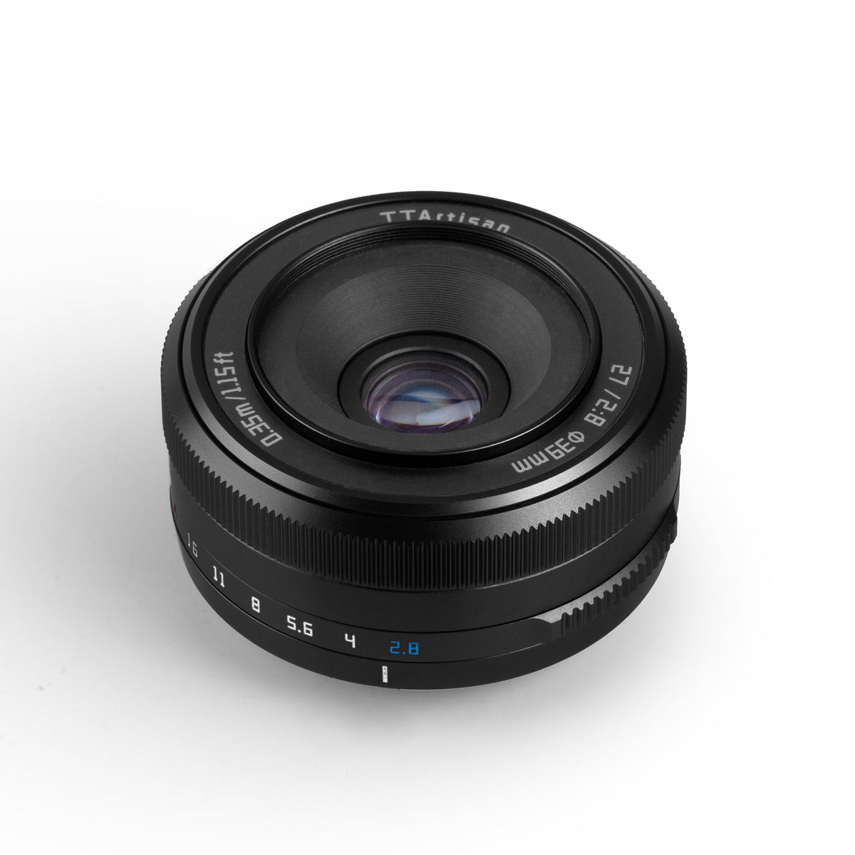 TTArtisan AF 27mm f/2.8 black pancake lens, front three-quarter view
