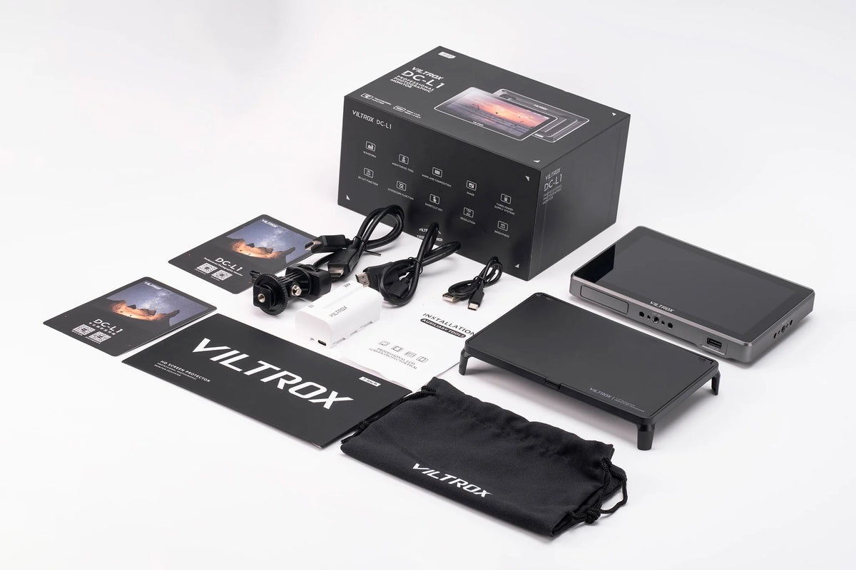 Viltrox DC-L1 monitor kit: box, sunhood, cables, battery, mount and pouch