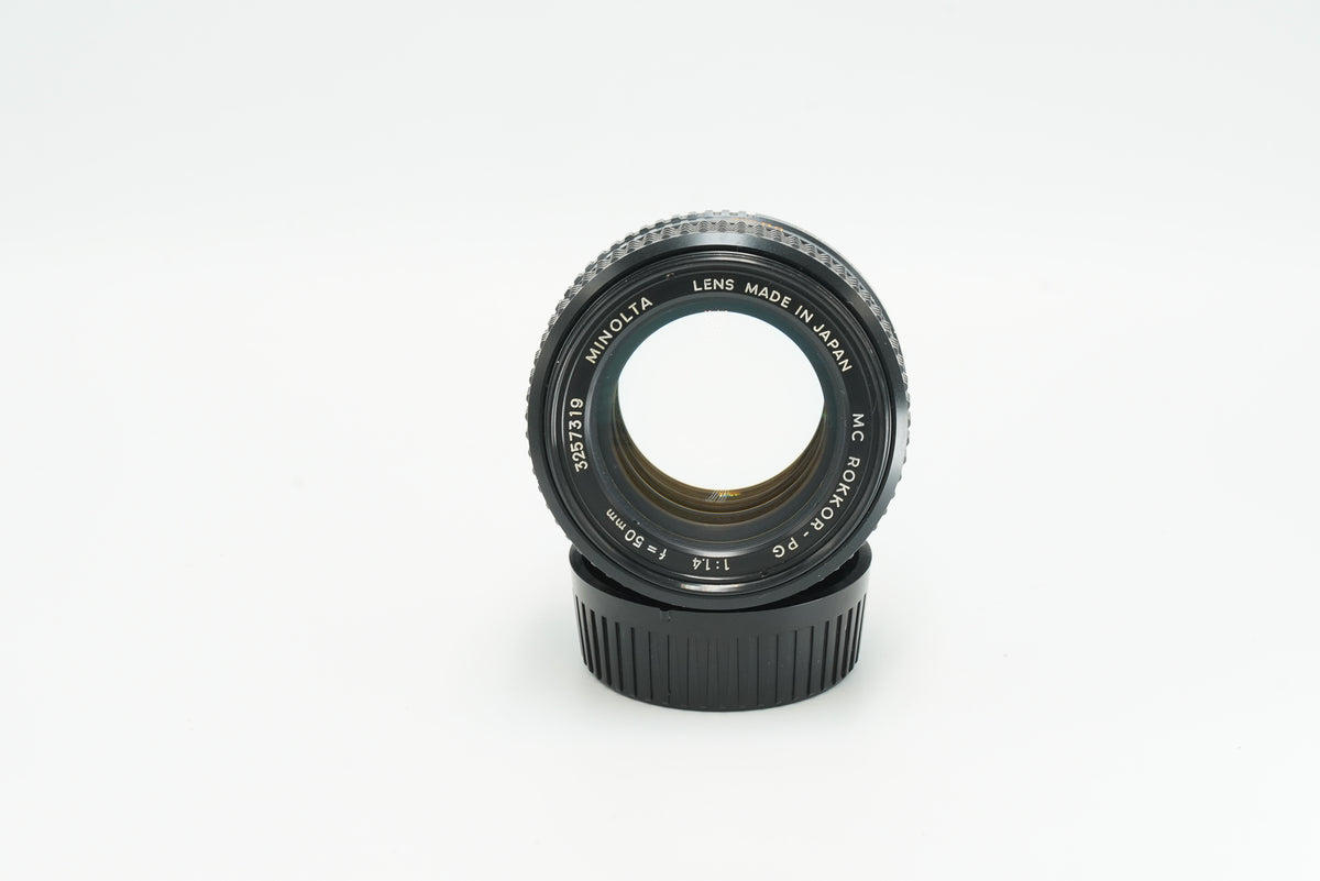 Minolta MC Rokkor-PG 50mm f/1.4, front view of the lens name ring