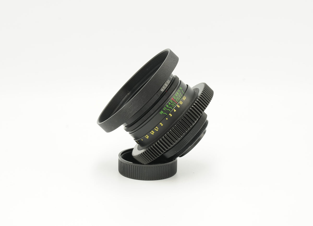 Helios 44-2 58mm cine-modded lens, side view with scales and hood