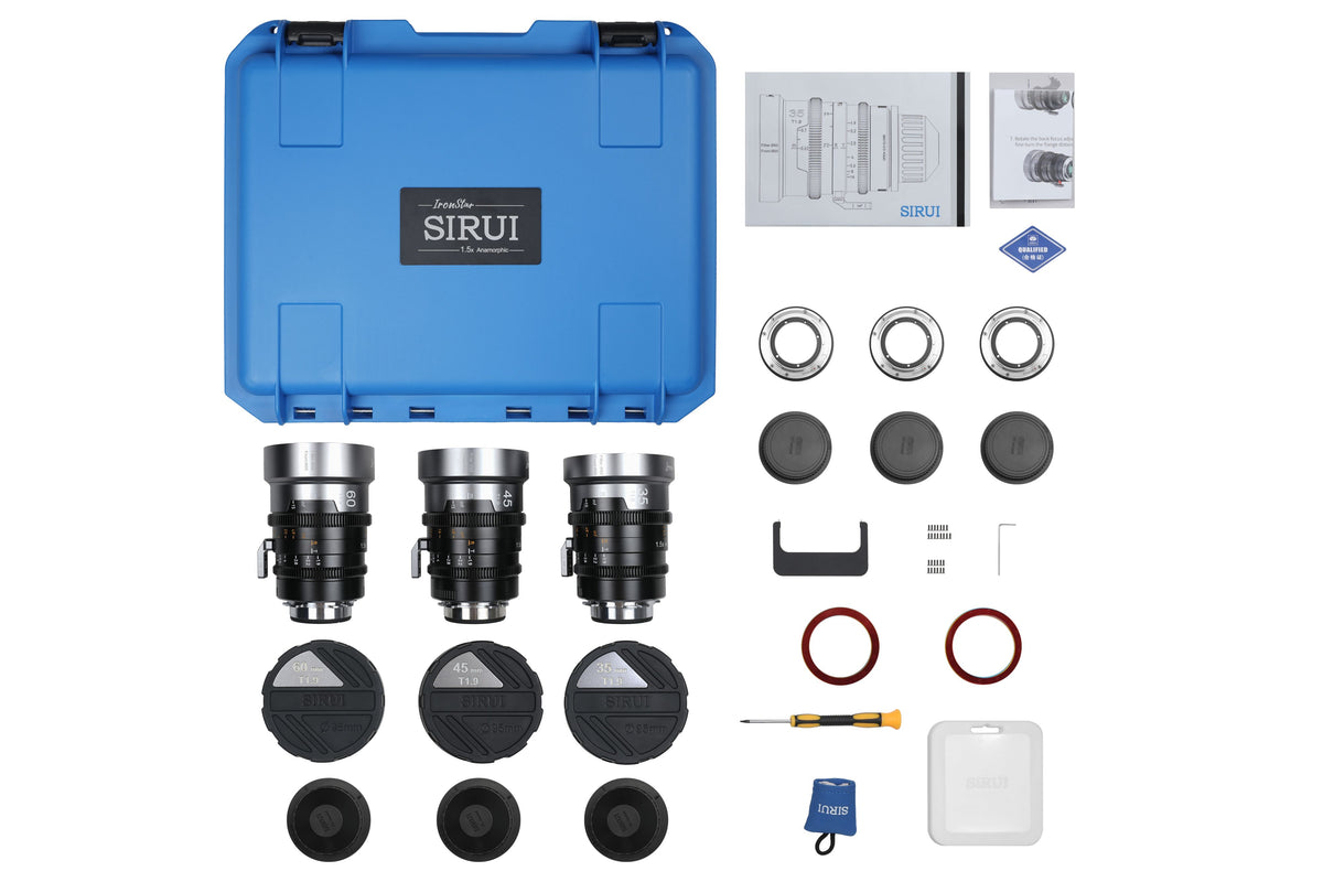 Sirui IronStar anamorphic 3-lens kit contents: case, lenses, mounts, caps and tools