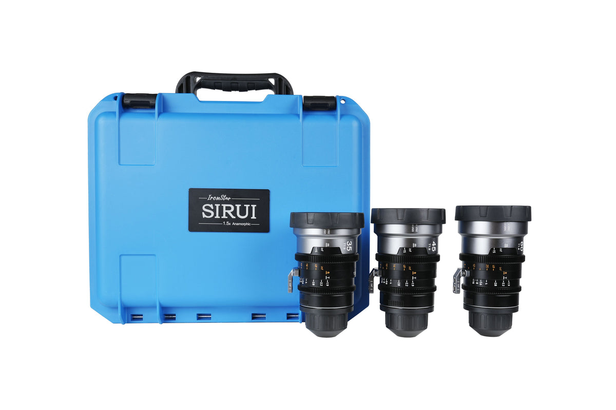 Sirui IronStar 35, 45 and 60mm T1.9 1.5x anamorphic lenses with blue hard case
