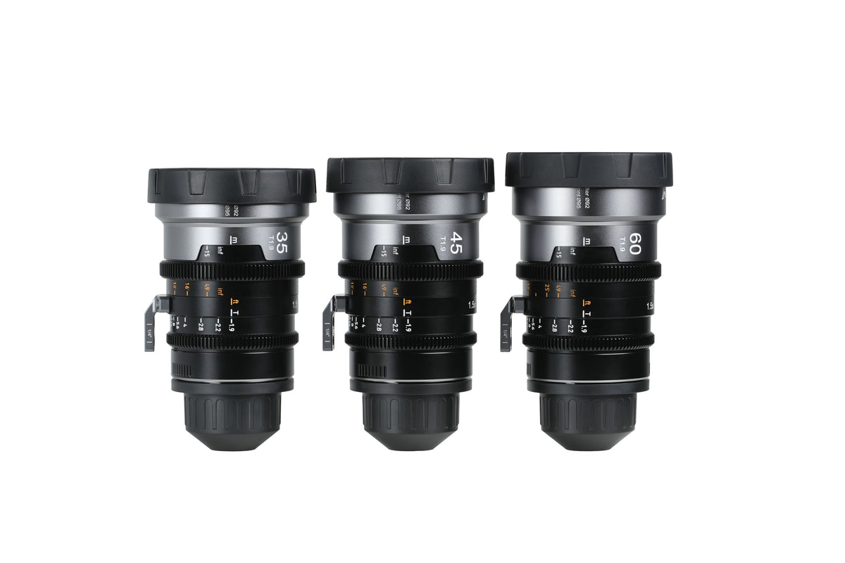 Sirui IronStar 35mm, 45mm and 60mm T1.9 1.5x anamorphic cine lenses side by side
