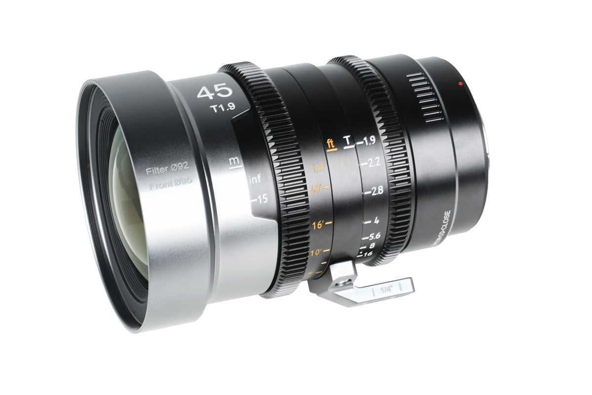 Sirui IronStar 45mm T1.9 1.5x anamorphic lens, angled front view