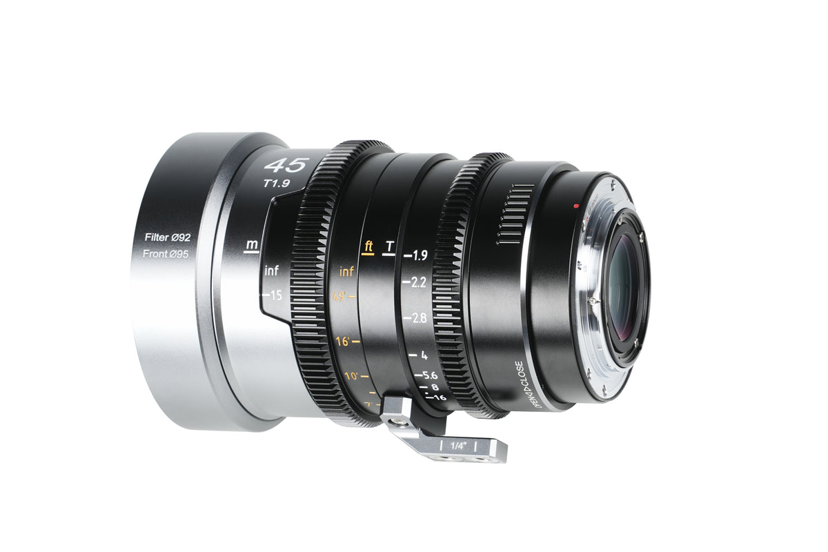 Sirui IronStar 45mm anamorphic cine lens, rear three-quarter view with support foot