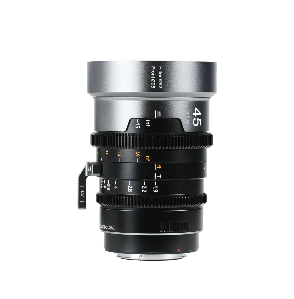 Sirui IronStar 45mm T1.9 1.5x anamorphic lens, front view with lens support foot