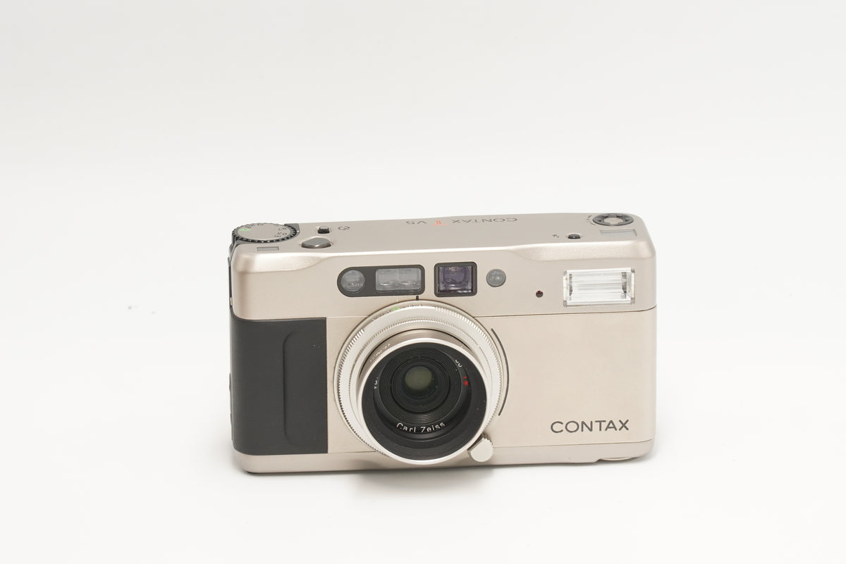 Contax TVS compact zoom film camera in titanium, front view