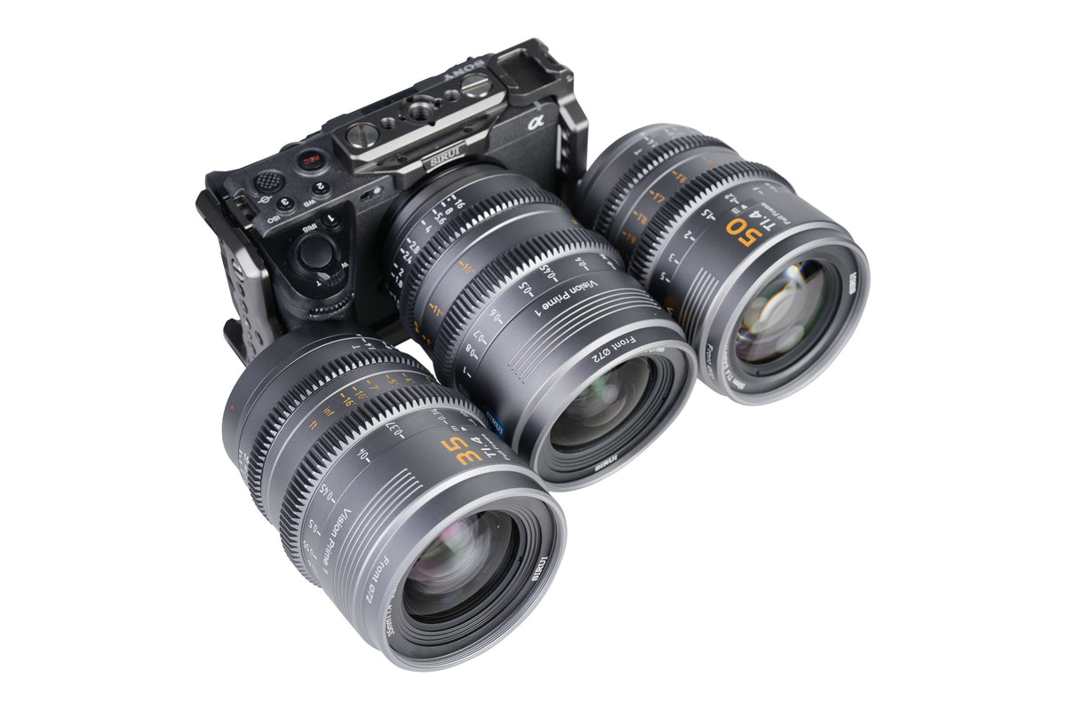 Sirui Vision Prime 24, 35 and 50mm T1.4 grey cine lenses with a Sony FX3 cinema camera