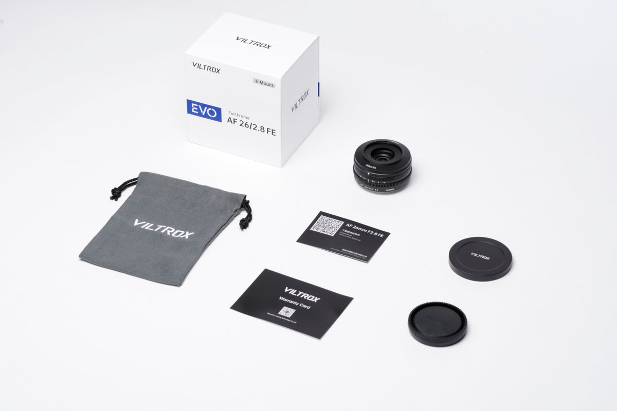 Viltrox AF 26mm f/2.8 FE pancake lens box contents: lens, pouch, caps and cards