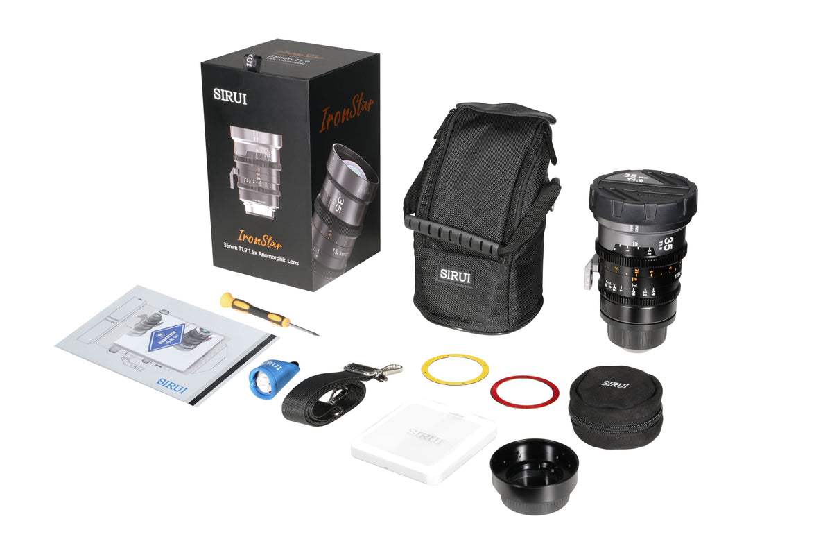 Sirui IronStar 35mm box contents: lens, pouch, caps, gear rings, tools and manual