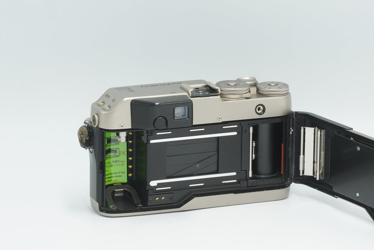 Contax G1 with the film back open, showing the film chamber