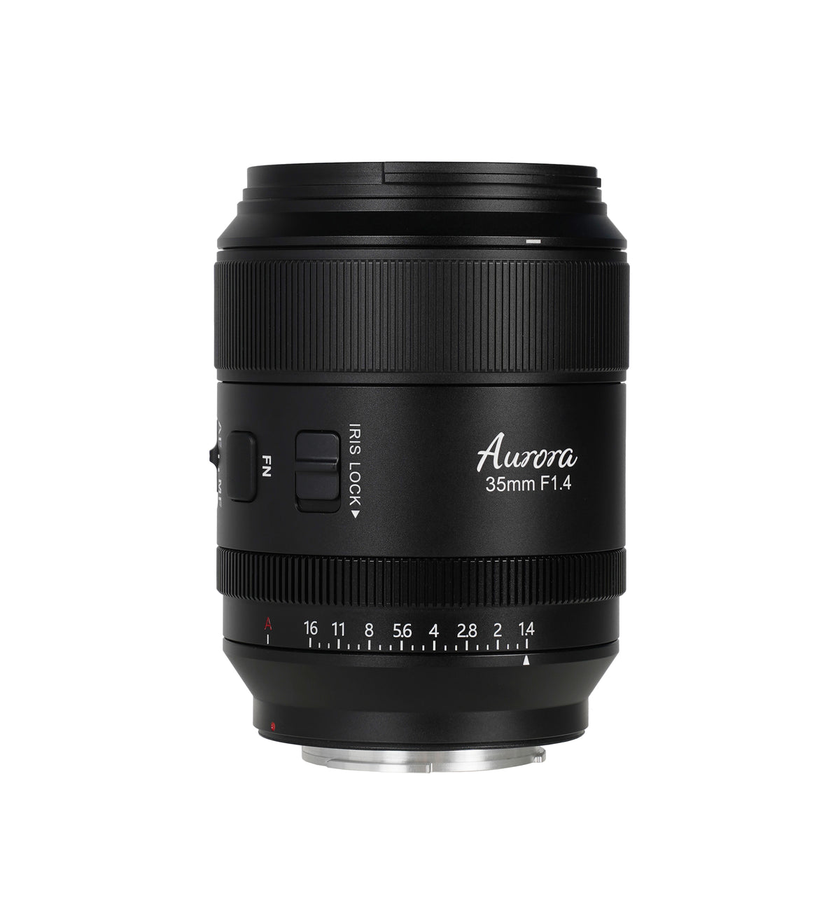 Sirui Aurora AF 35mm f/1.4 side view with Fn button and iris lock switch