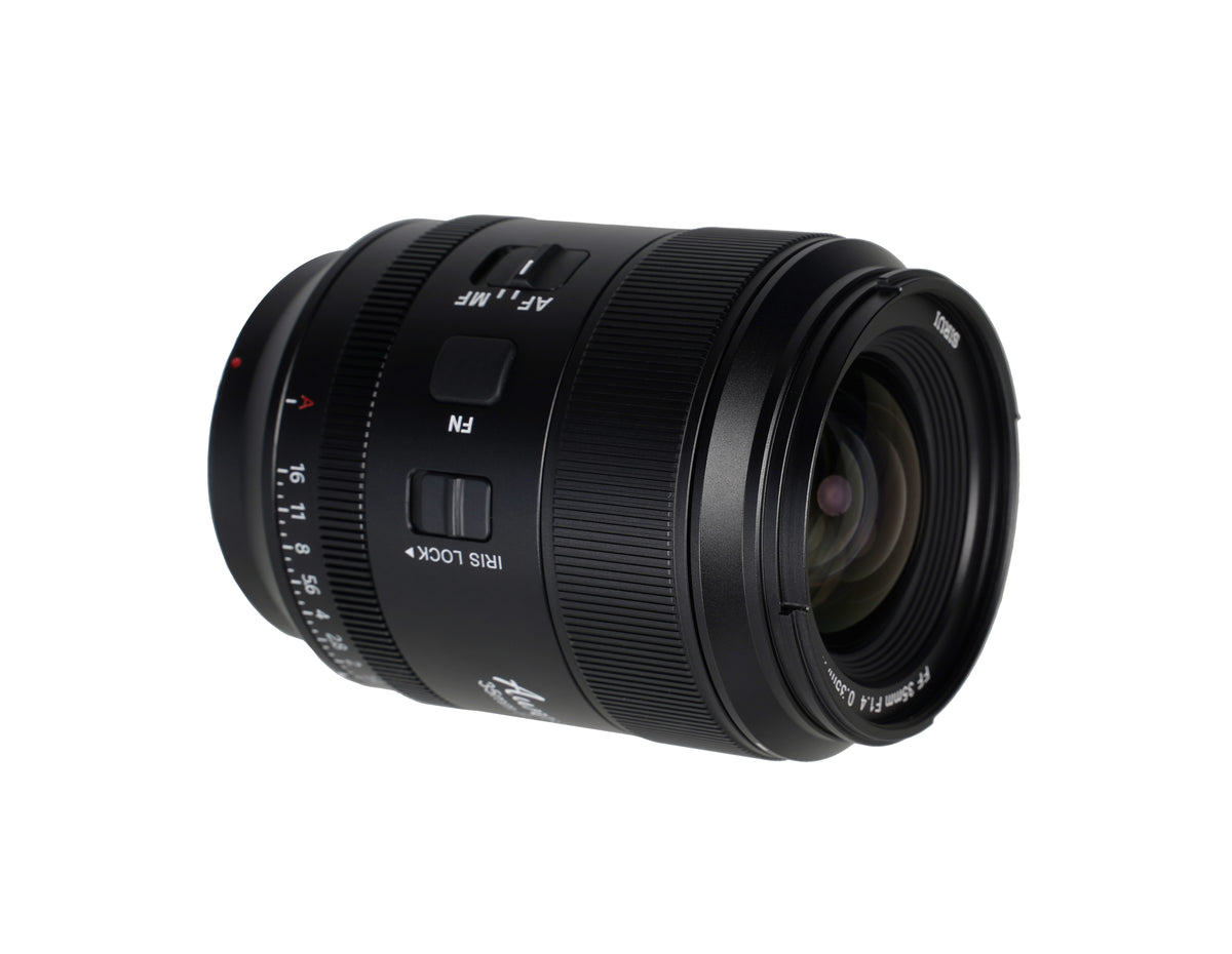 Sirui Aurora AF 35mm f/1.4 lens, angled view of the AF/MF switch, Fn button and iris lock