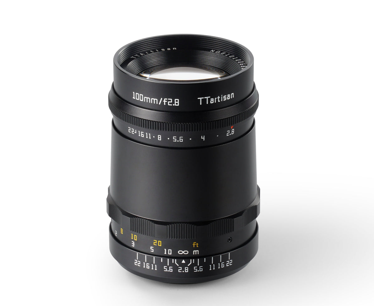 TTArtisan 100mm f/2.8 bubble bokeh lens, M42 mount, front three-quarter view
