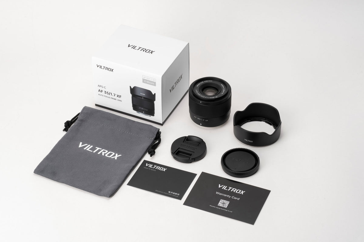 Viltrox Air AF f/1.7 XF box contents: lens, hood, pouch, caps and cards
