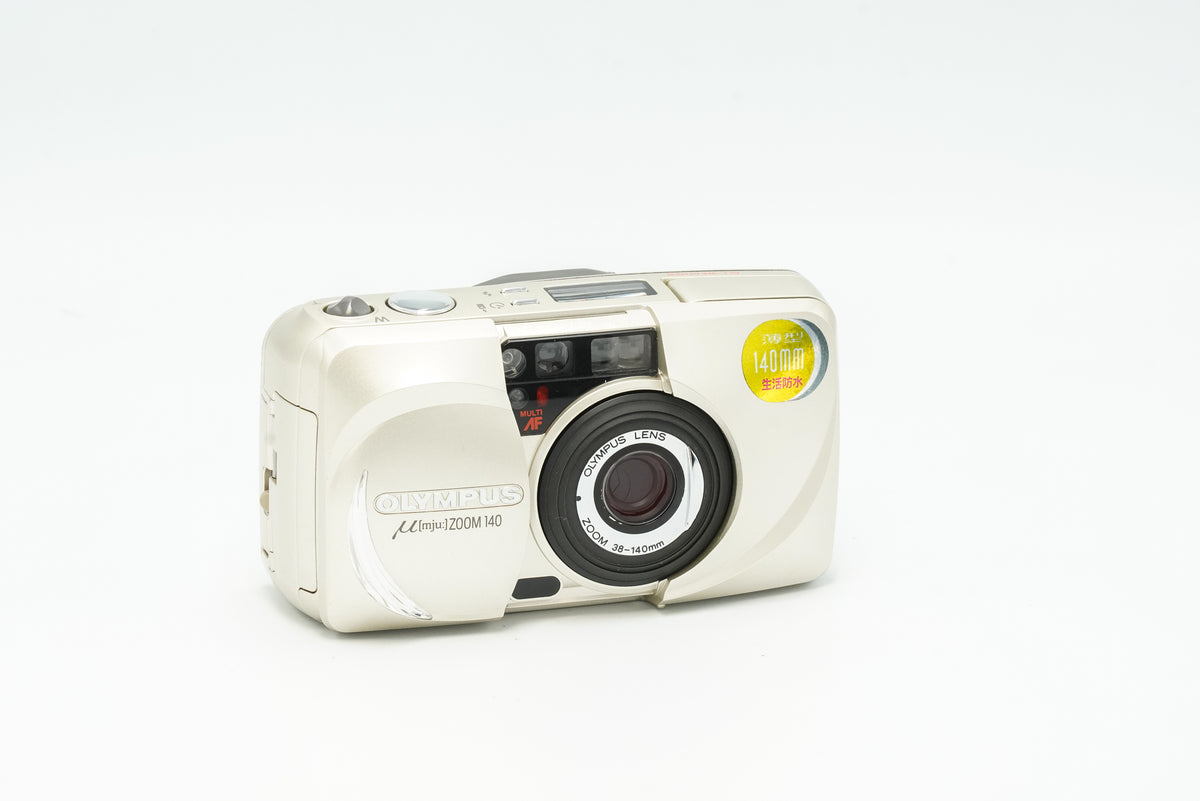 Olympus Mju Zoom 140 champagne point and shoot film camera, lens open