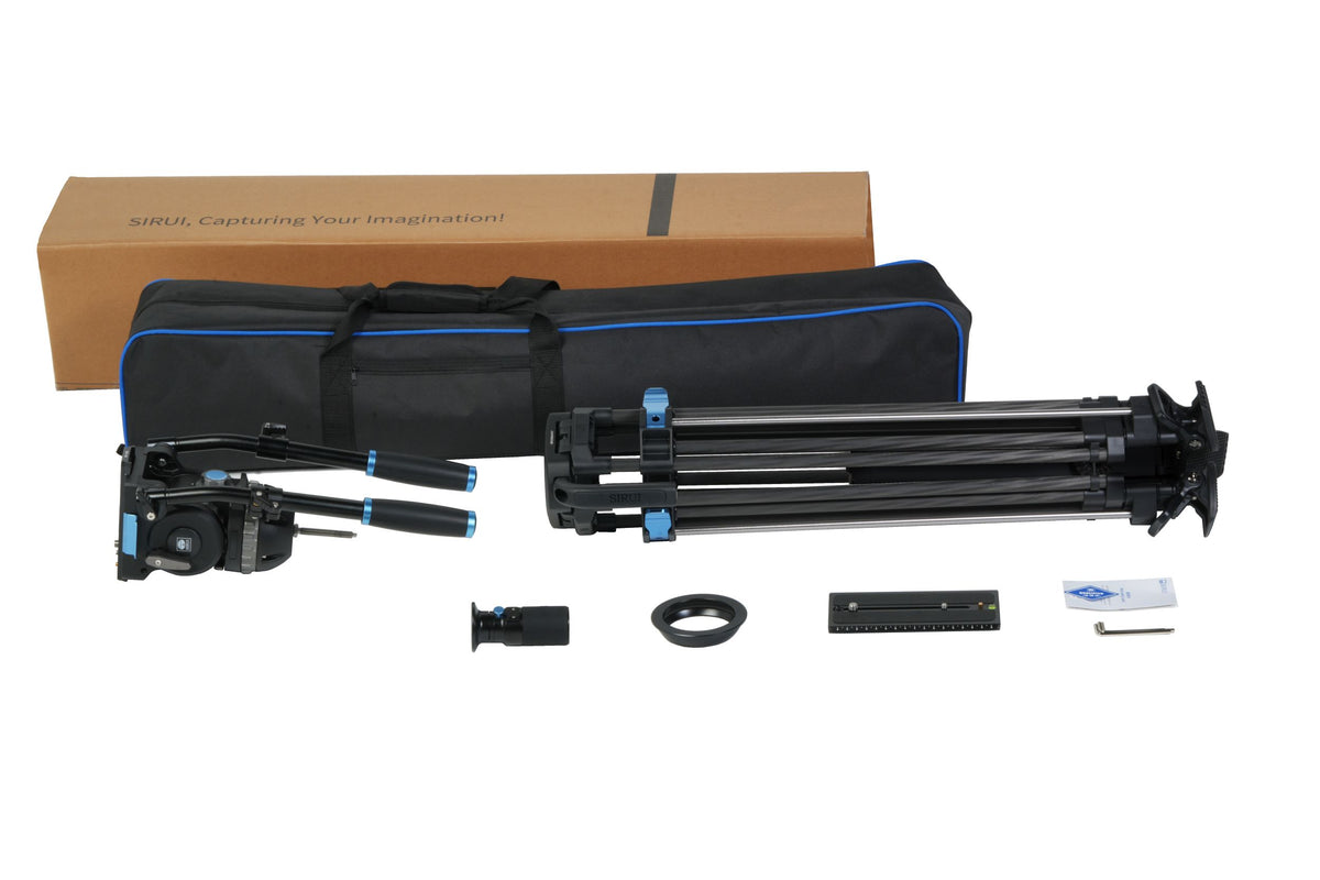 Sirui SQ100 tripod kit contents: tripod, VHS18 head, bag, handles, plate and tools
