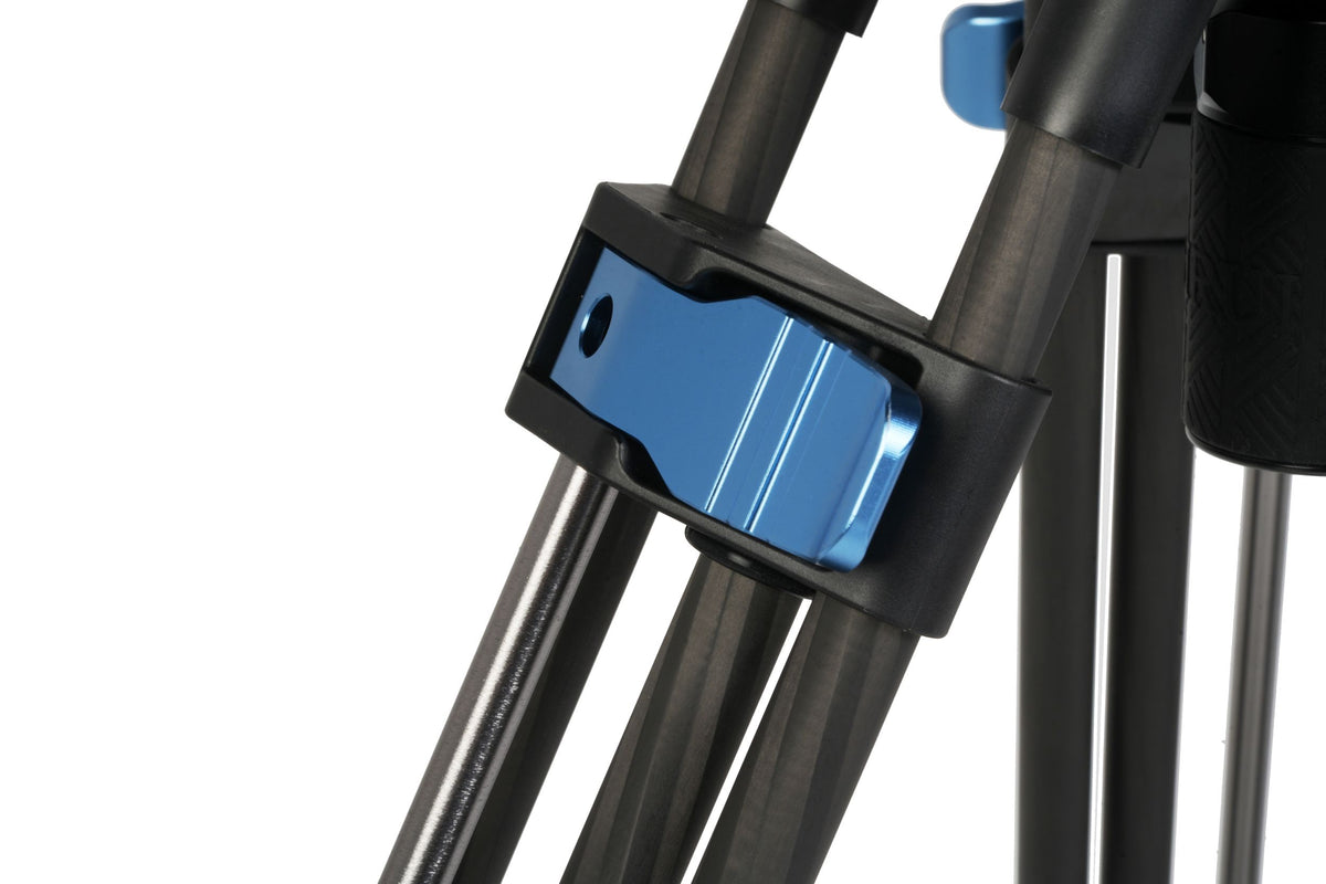 Sirui SQ100 tripod blue flip lock on the carbon fibre legs, close-up