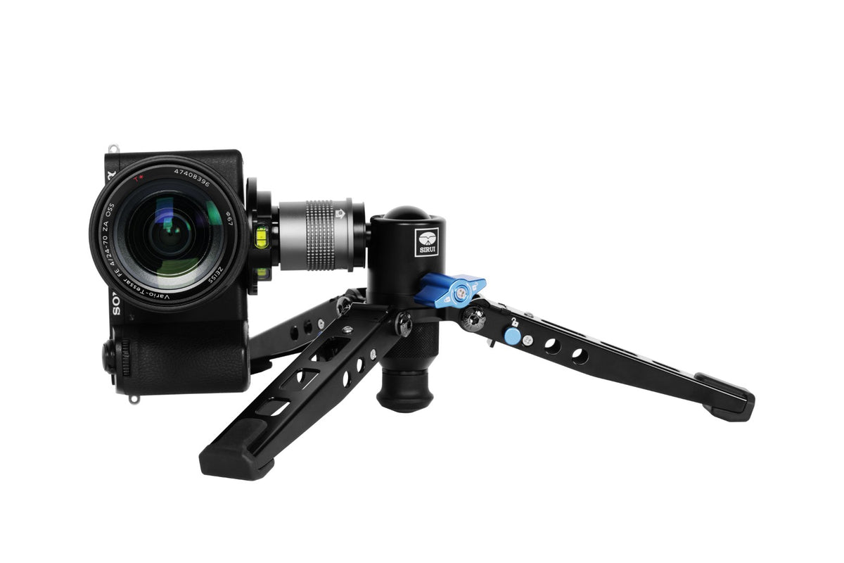 Sony camera mounted low on the Sirui SVM monopod base as a mini tripod