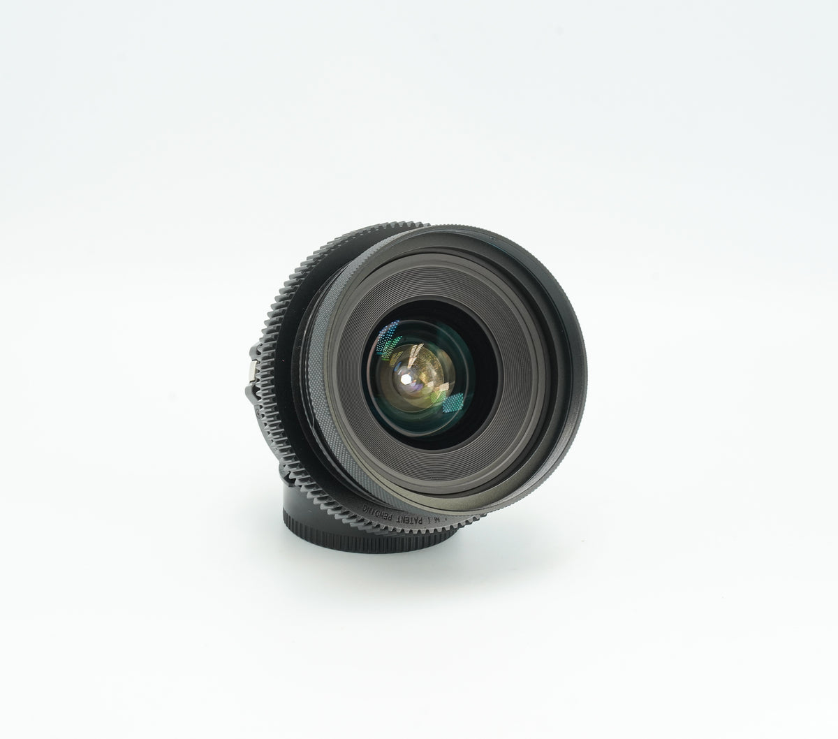Canon nFD 20mm f/2.8 cine mod, front view of the wide-angle element