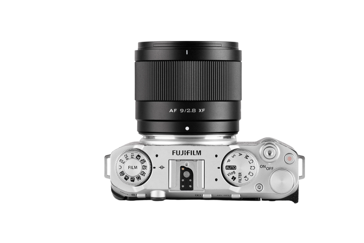 Viltrox Air AF 9mm f/2.8 XF on a silver Fujifilm X-M5, top view