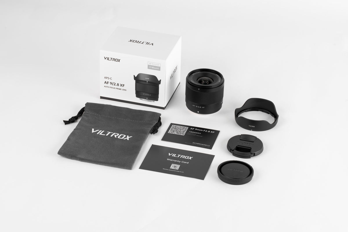Viltrox AF 9mm f/2.8 XF box contents: lens, hood, pouch, caps and cards