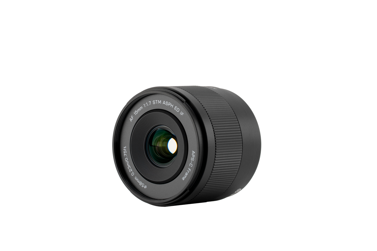 Viltrox Air AF 15mm f/1.7 STM APS-C lens, angled view of the front element