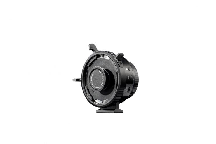 Viltrox NexusFocus F1 PL autofocus adapter, angled view with mounting foot
