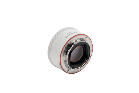 Viltrox 2.0x teleconverter rear mount, angled view on white