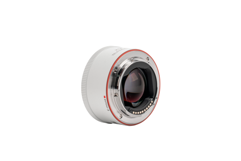 Viltrox 2.0x teleconverter rear mount on white, side angle