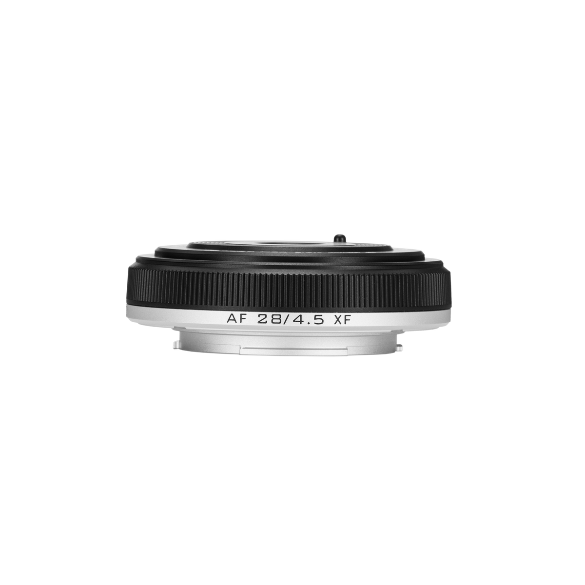 Viltrox AF 28mm f/4.5 XF pancake lens, side profile showing its slim body