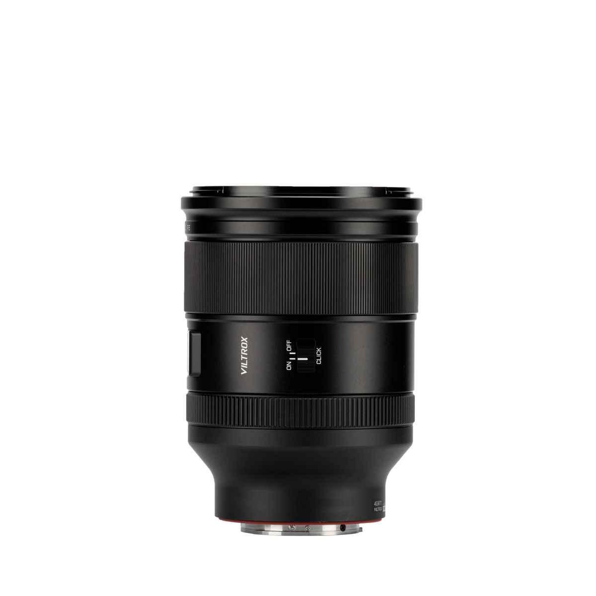 Viltrox LAB 35mm f/1.2 FE lens, side view of the aperture click on/off switch