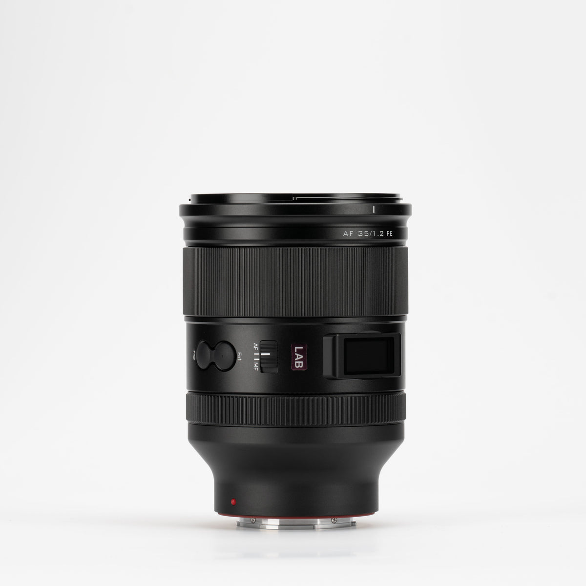 Viltrox LAB AF 35mm f/1.2 FE Sony E lens on a light grey background, side view