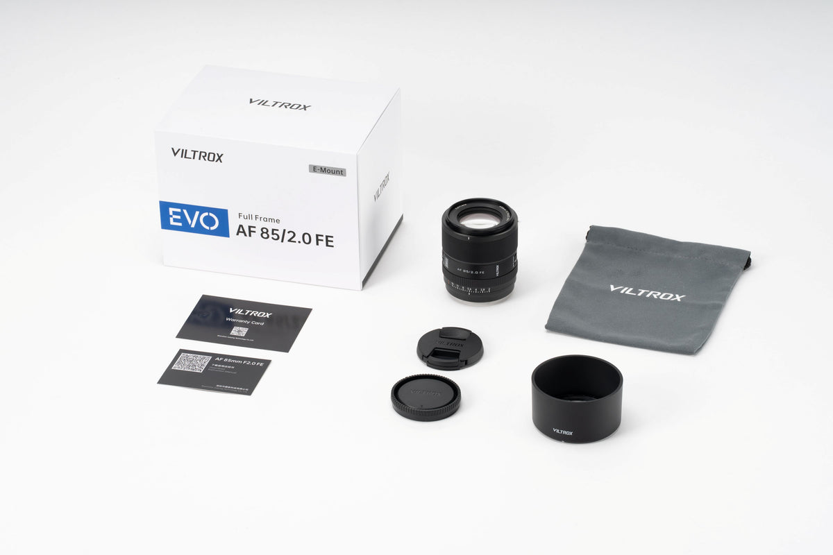 Viltrox AF 85mm f/2.0 FE EVO box contents: lens, hood, pouch, caps and cards