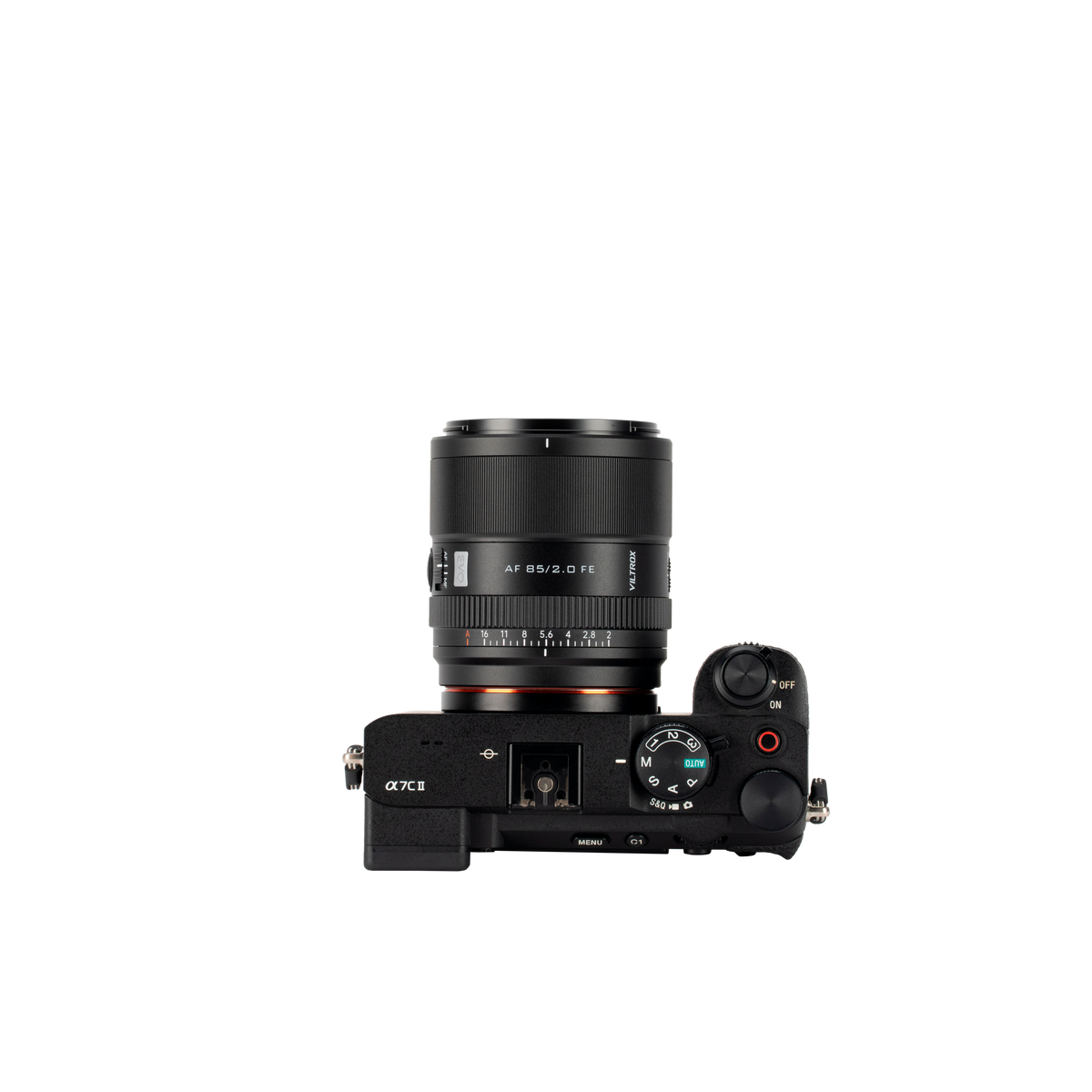 Viltrox AF 85mm f/2.0 FE on a Sony A7C II, top view on white