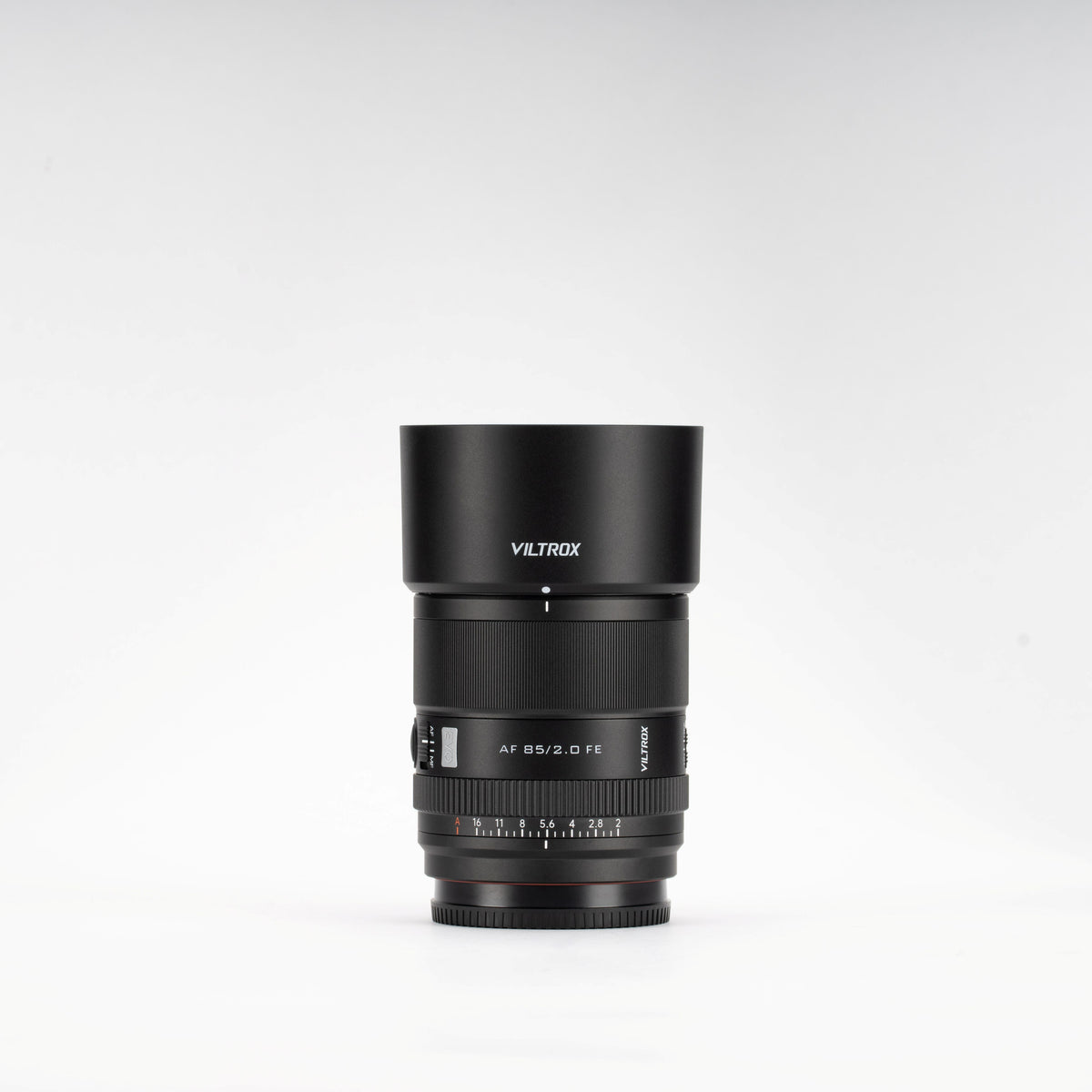 Viltrox AF 85mm f/2.0 FE EVO with round lens hood fitted