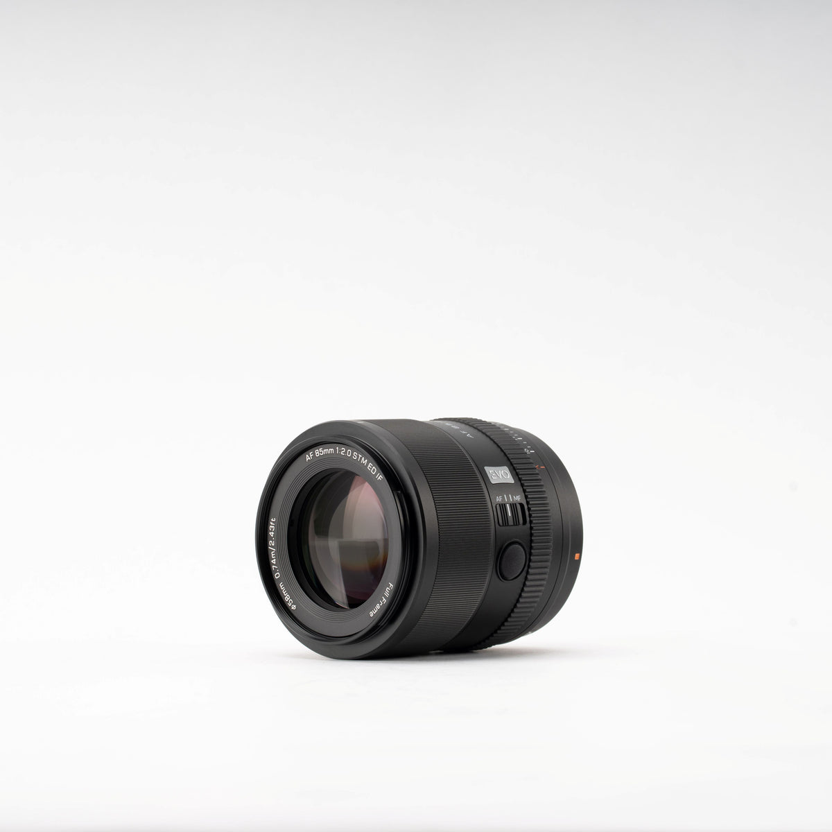 Viltrox AF 85mm f/2.0 FE EVO lens, front three-quarter view with AF/MF switch