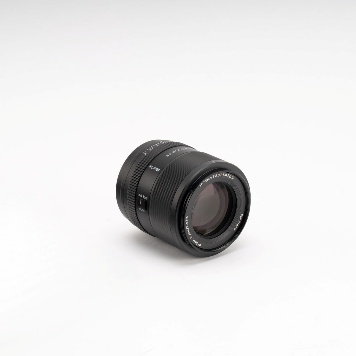 Viltrox AF 85mm f/2.0 STM lens, angled view of the front element