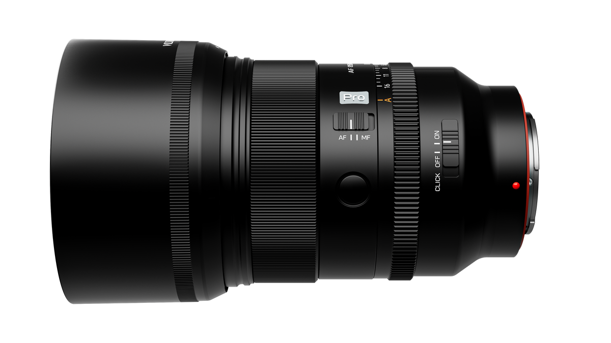 Viltrox AF 85mm f/1.4 Pro Sony E lens side profile with hood, AF/MF switch and aperture click switch