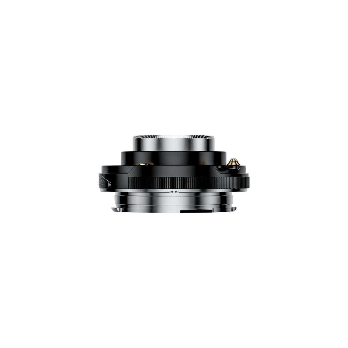 Thypoch Eureka 28mm f/2.8 black pancake lens, side profile showing how thin it is