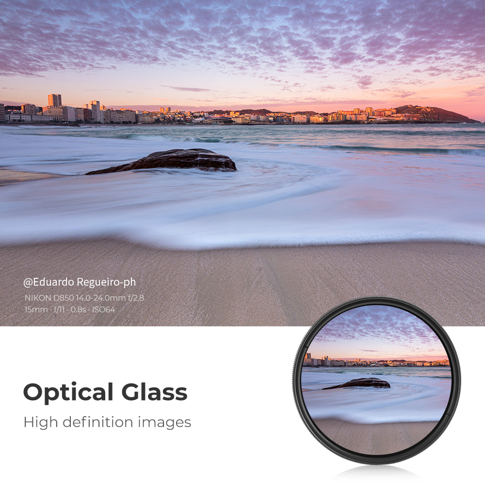 Long exposure beach at sunset, optical glass sample from a variable ND filter
