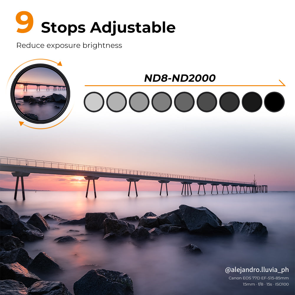 K&F Concept variable ND 9 stop range from ND8 to ND2000 with pier sample