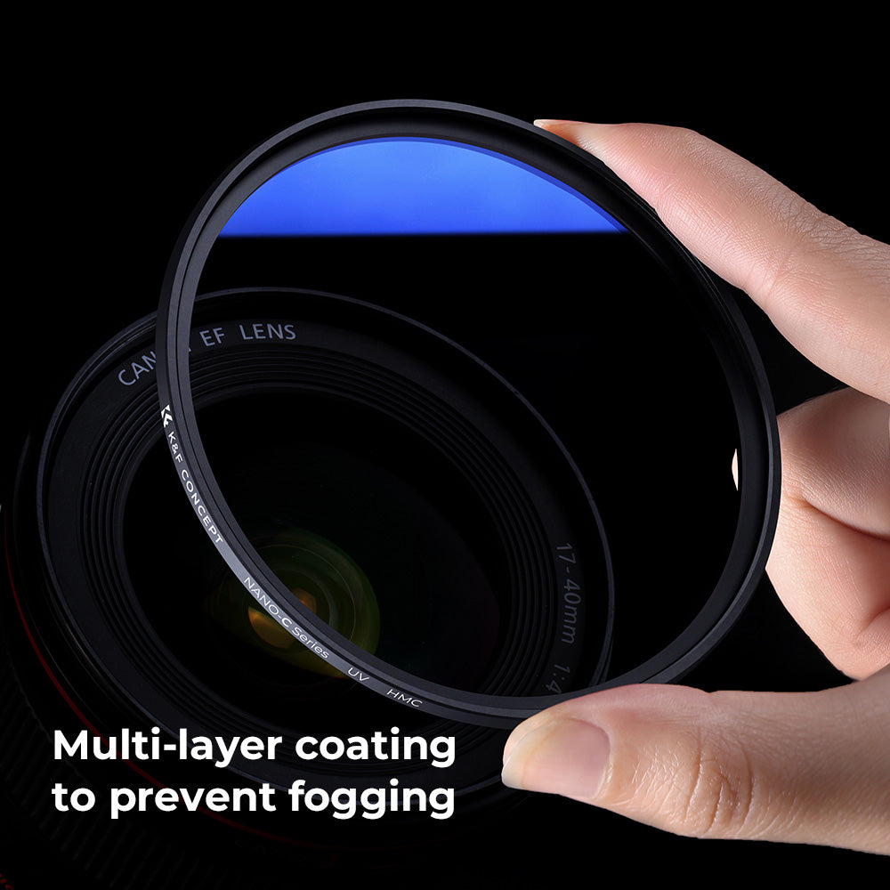 K&F Concept UV filter held in front of a Canon EF lens, multi-layer coating