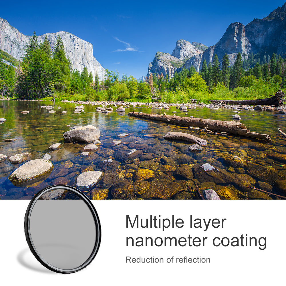 Mountain lake with clear water, circular polariser multilayer coating sample