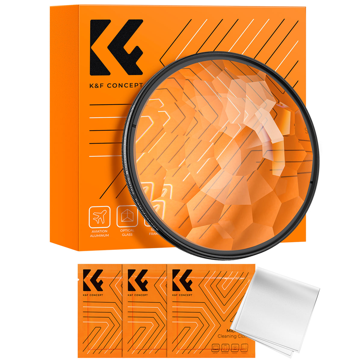 K&F Concept kaleidoscope effect filter in front of its orange box, with cleaning cloths