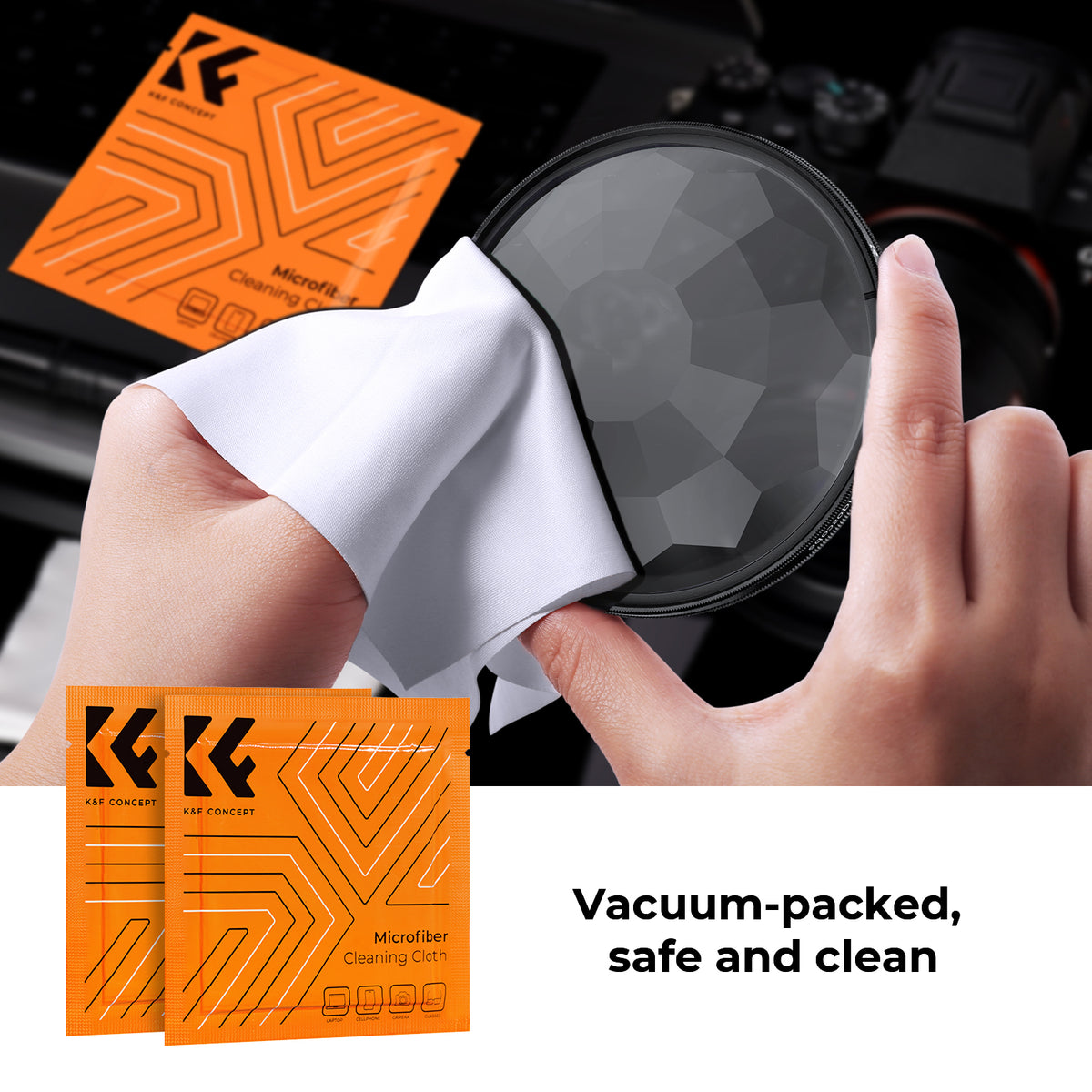 Cleaning the K&F Concept kaleidoscope filter with a vacuum-packed microfibre cloth