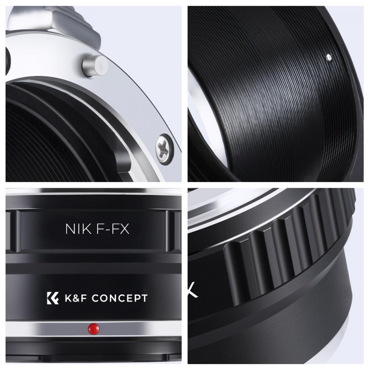 K&F Concept NIK F-FX adapter details: release lever, inner barrel and index dot