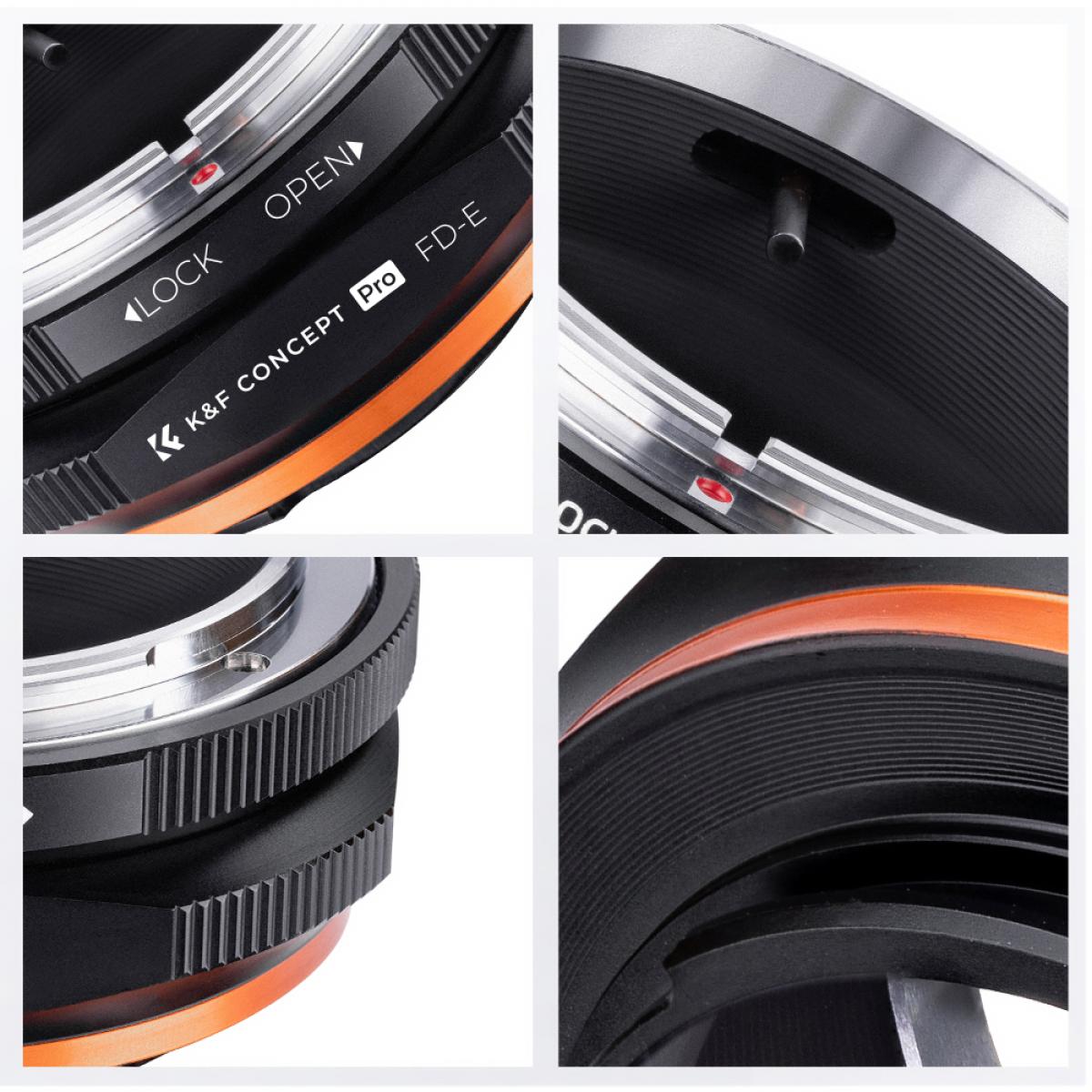 K&F Concept Pro FD-E adapter details: lock ring, aperture pin and orange ring